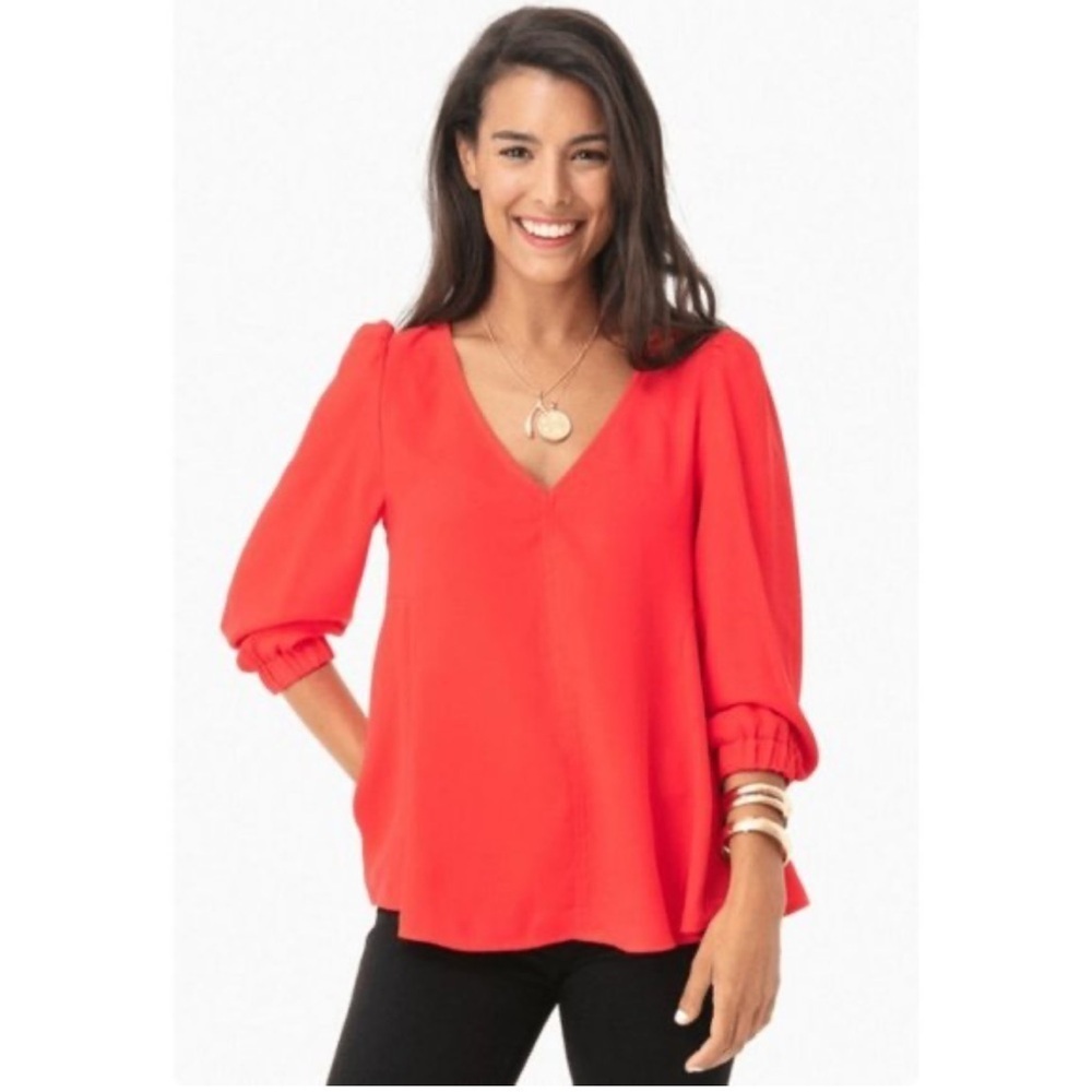 TUCKERNUCK Hollis Top Poppy Red Puff Sleeve Vneck Long Sleeve Blouse Shirt Sz XS